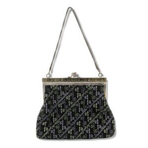 Vintage Evening Frame Clutch Bag Fabric Silver Snake Chain Kiss Lock Black 80s